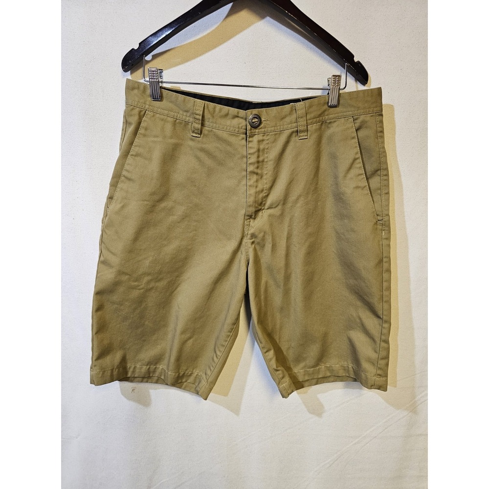 Volcom Men's Khaki Cotton Chino Shorts Raw Hem Pockets Logo Casual 34